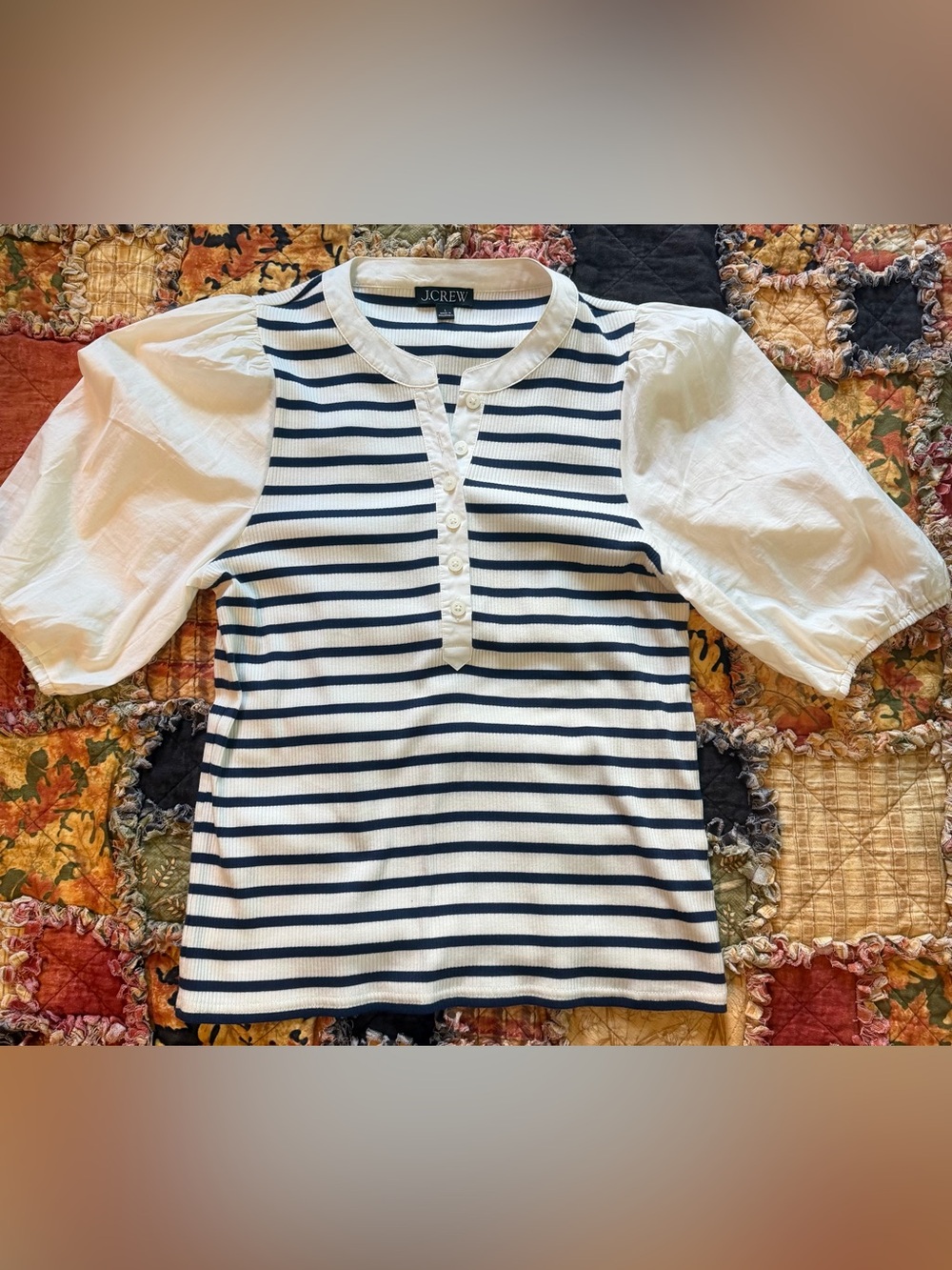 J. Crew Navy and White Striped Puff Sleeve Henley